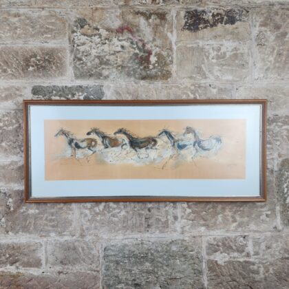 MD 89 Horses Painting Signed Mixed Media On Canvas On Board Framed Under Glass 800 x 240mm #69731