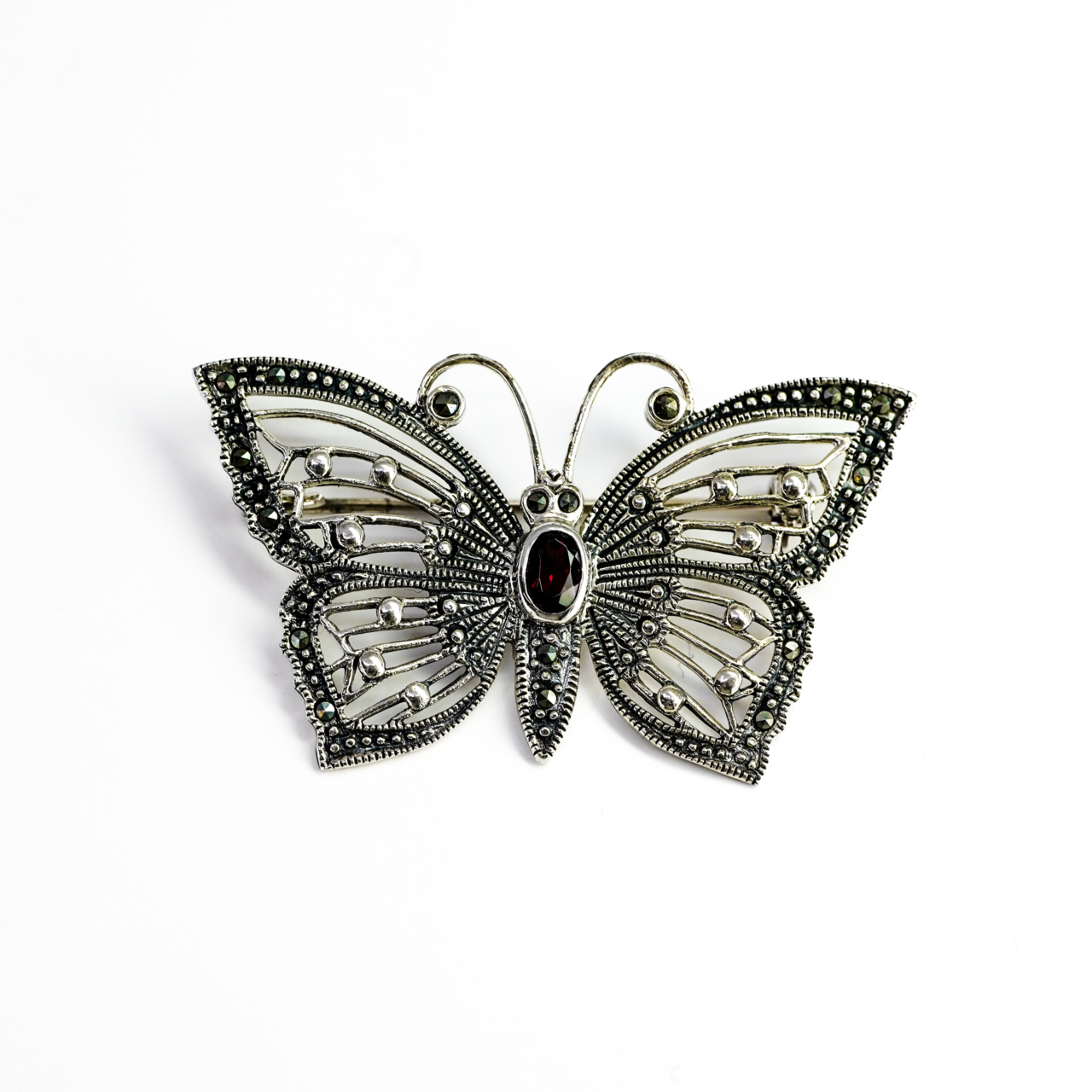 Sterling Silver Garnet & Marcasite Butterfly Brooch 51.5mm #61210