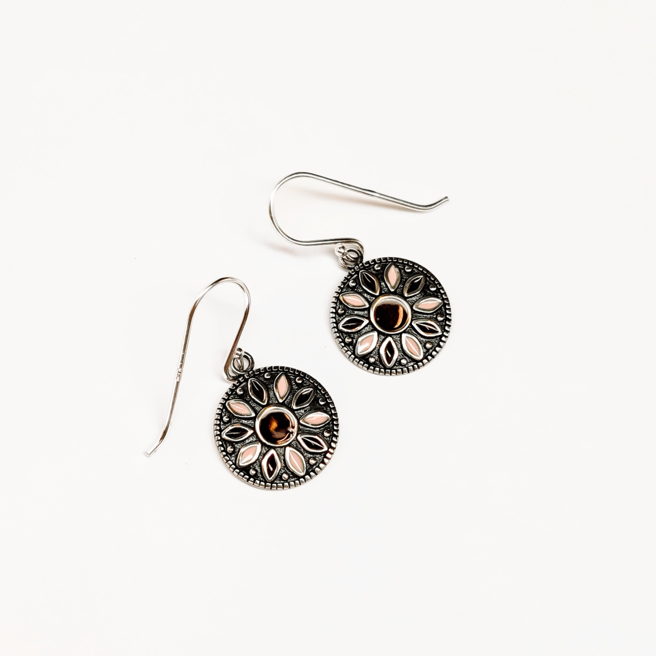 Sterling Silver Red & Pink Enamel Ornate Round Drop Earrings #54466