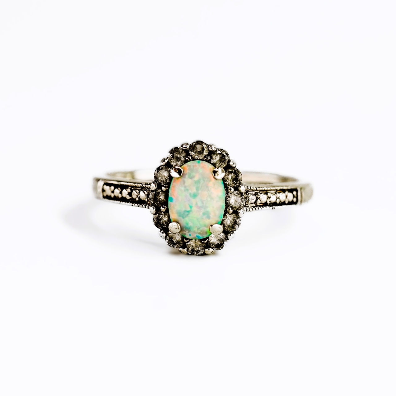 Sterling Silver Synthetic Opal Halo Ring #69551