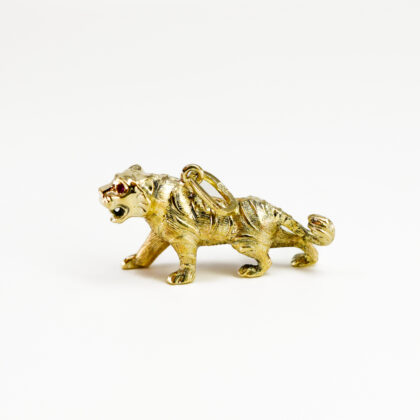 Monty's Vintage 14ct Yellow Gold Tiger Pendant Charm With Pink Sapphire Eyes 30mm #69378-3