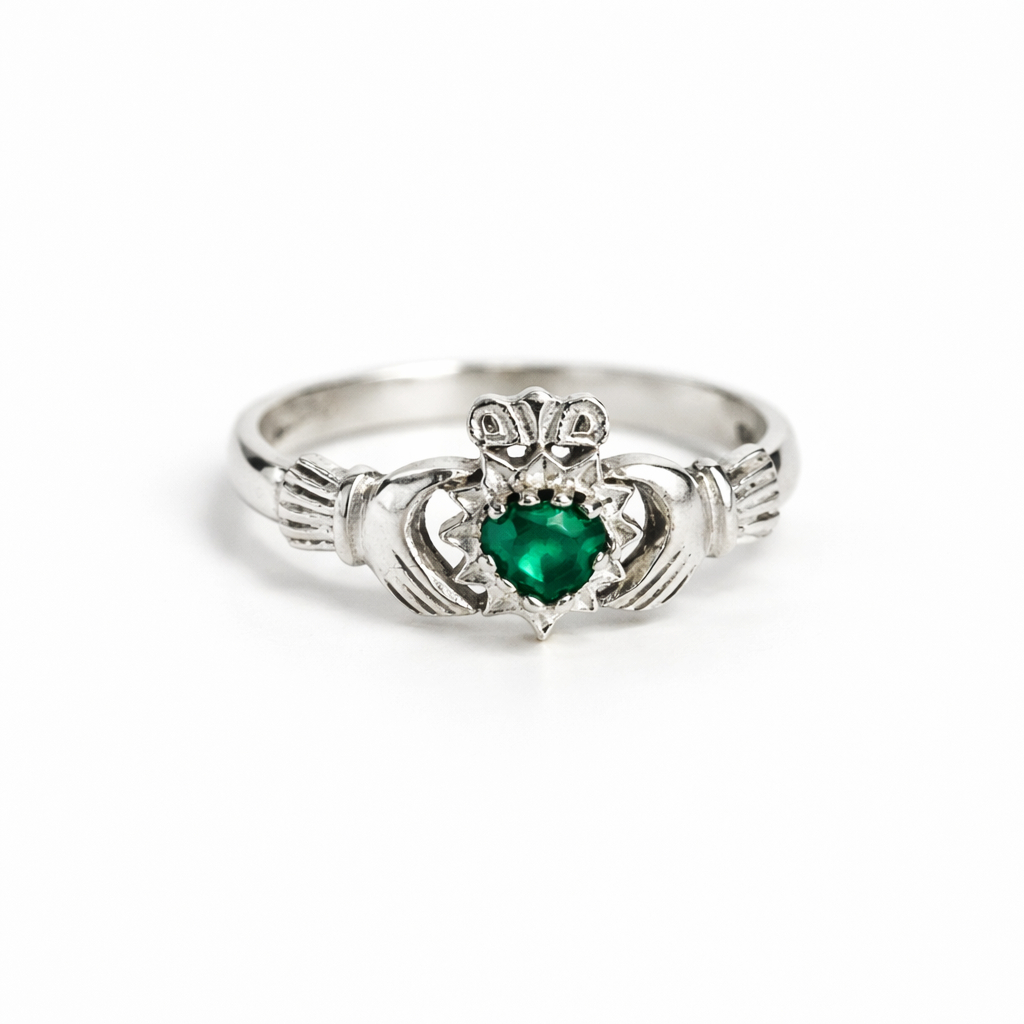 Vintage Sterling Silver Green Stone Claddagh Ring Size M #9635-34