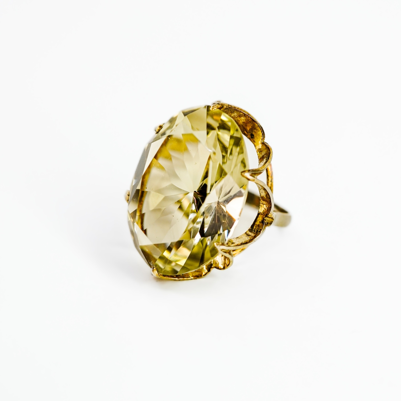 Yellow Quartz Cocktail Ring Silver Gold Plated Size R½ #69366