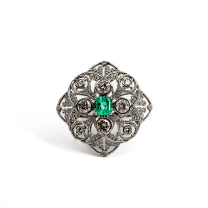 18ct White Gold Emerald & Diamond Filigree Cocktail Ring Size N Val $14,990 #52666