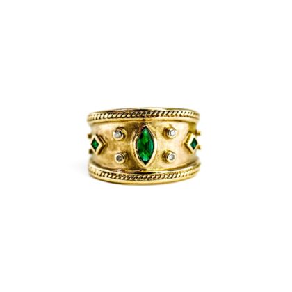 9ct Yellow Gold Synthetic Emerald and Diamond Ring Size M #68927