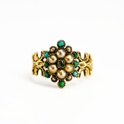 Monty's Antique C/1827 12ct Yellow Gold Turquoise and Seed Pearl Filigree Ring Size M1/2 #69372
