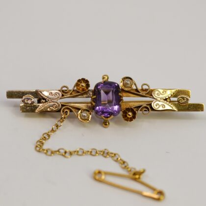 Vintage 9ct Yellow Gold Amethyst and Seed Pearl Brooch #69704