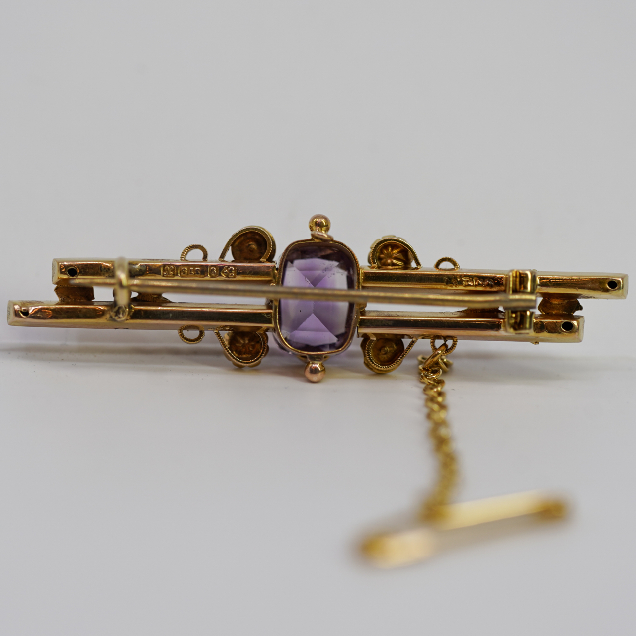 Vintage 9ct Yellow Gold Amethyst And Seed Pearl Brooch #69704 - Monty's