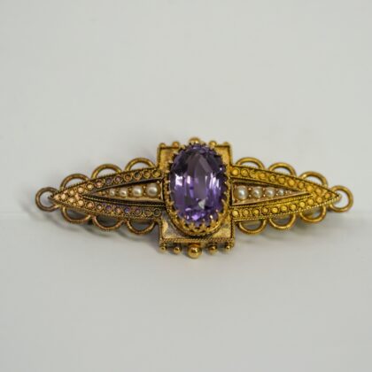 18ct Yellow Gold Amethyst and seed pearl Brooch #69409