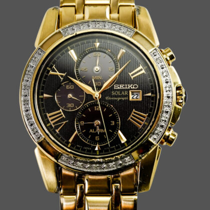 Seiko V172-0AV0 Diamond Bezel Gold-Tone Solar Chronograph 42mm Watch #70010