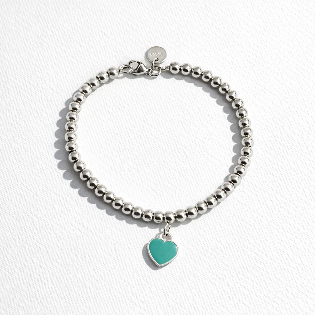 Tiffany & Co Blue Heart Tag Bead Bracelet Sterling Silver 17.5cm #69700
