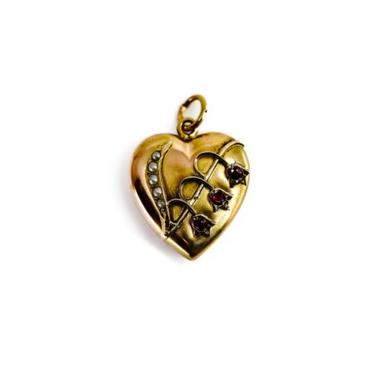 Monty's Vintage 9ct Yellow Gold Red paste and Seed Pearl Puff Heart Pendant #69797