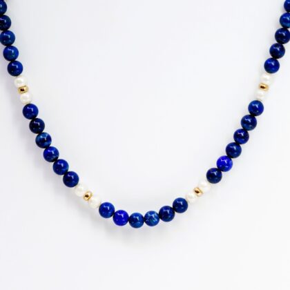 14ct Yellow Gold Lapis Lazuli & Cultured Pearl Bead Necklace 39.2g 44cm #65690