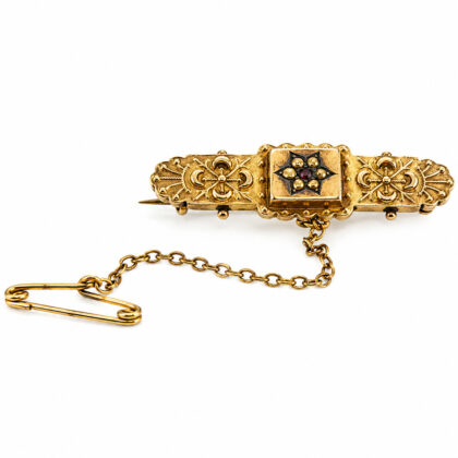 Antique 9ct Yellow Gold Victorian Mourning Bar Brooch with Seed Pearl Star & Safety Chain #49323
