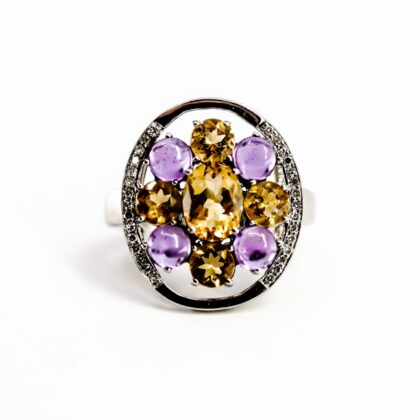 9ct White Gold Citrine Amethyst & Diamond Cocktail Ring 5.4g Size P | 21x19mm Top #66591