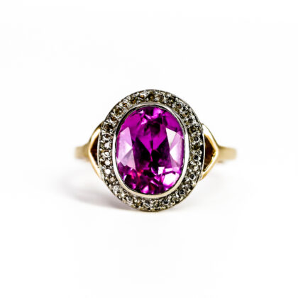 9ct Yellow Gold Synthetic Pink Sapphire & Diamond Halo Ring 3.6g Size N #66592