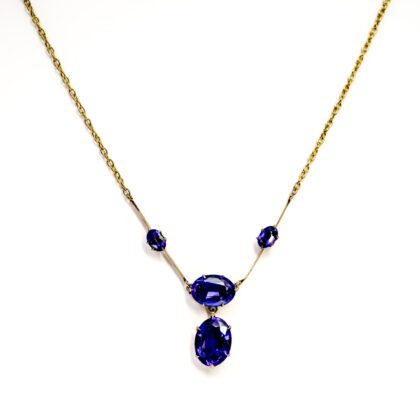 Antique 9ct Gold Cobalt Blue Glass Pendant Necklace 4.6g 41cm Cable Link Chain #8328