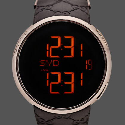 Gucci I-Gucci Digital Watch | Rose Gold-Tone | 45mm | Brown Rubber GG Strap | Ref. 114-2 | With Box, Papers & Receipt #69581