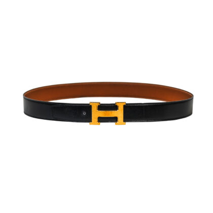 Hermès H Buckle Reversible Leather Belt Black & Tan Gold Hardware #70111