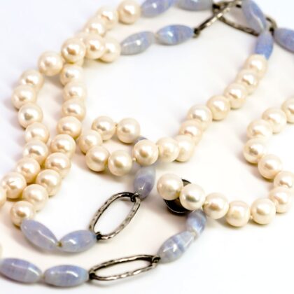 Long Sterling Silver Freshwater Pearl and Blue Lace Agate Necklace #57716