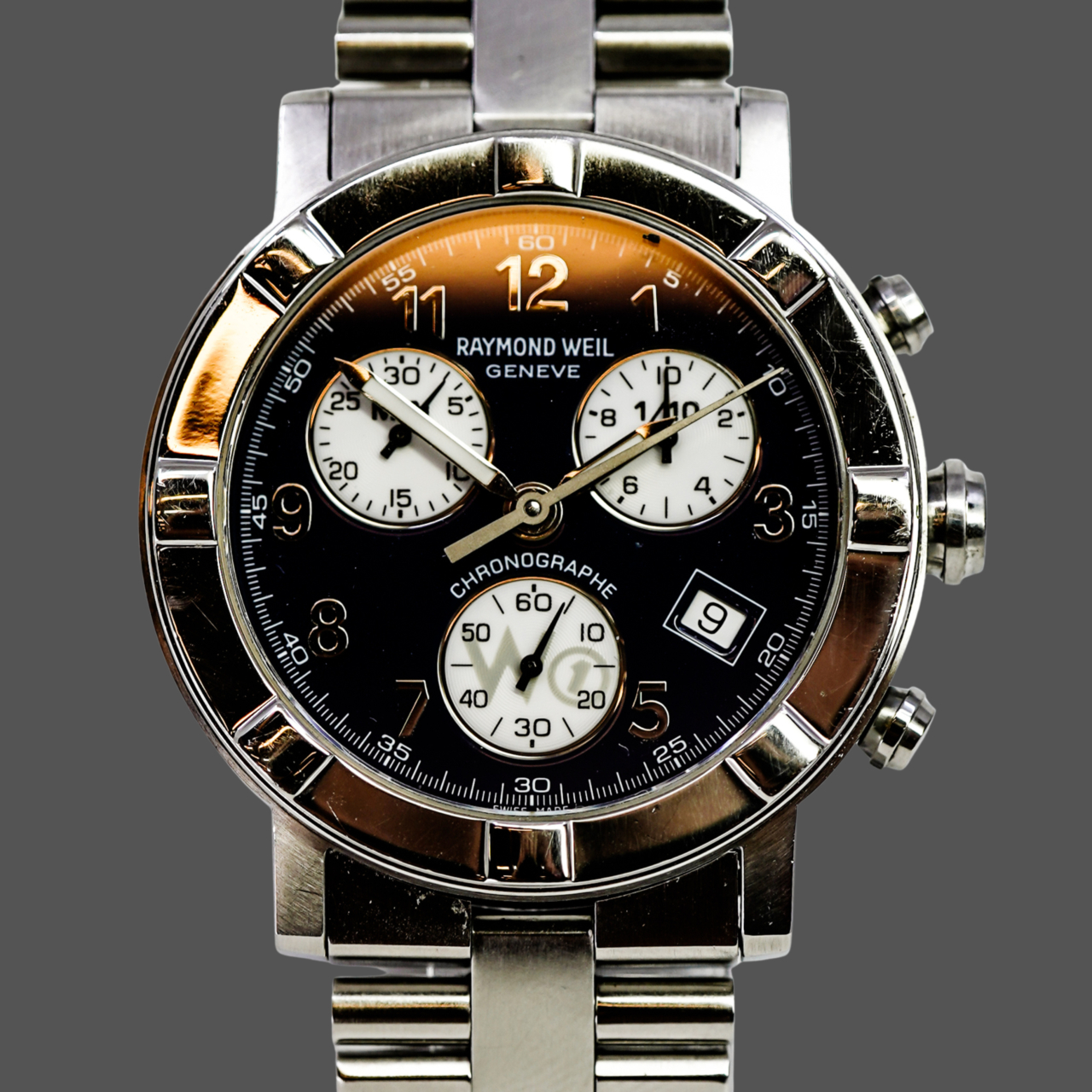 Raymond Weil W1 5000 Chronograph Watch 38mm Stainless Steel Full Set #70085 Raymond Weil W1 5000 Chronograph Watch 38mm Stainless Steel Full Set #70085