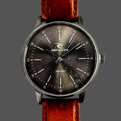 Monty's Rip Curl Drake A2799 Quartz Watch 42mm Black Dial Tan Leather Strap 100m WR #69505