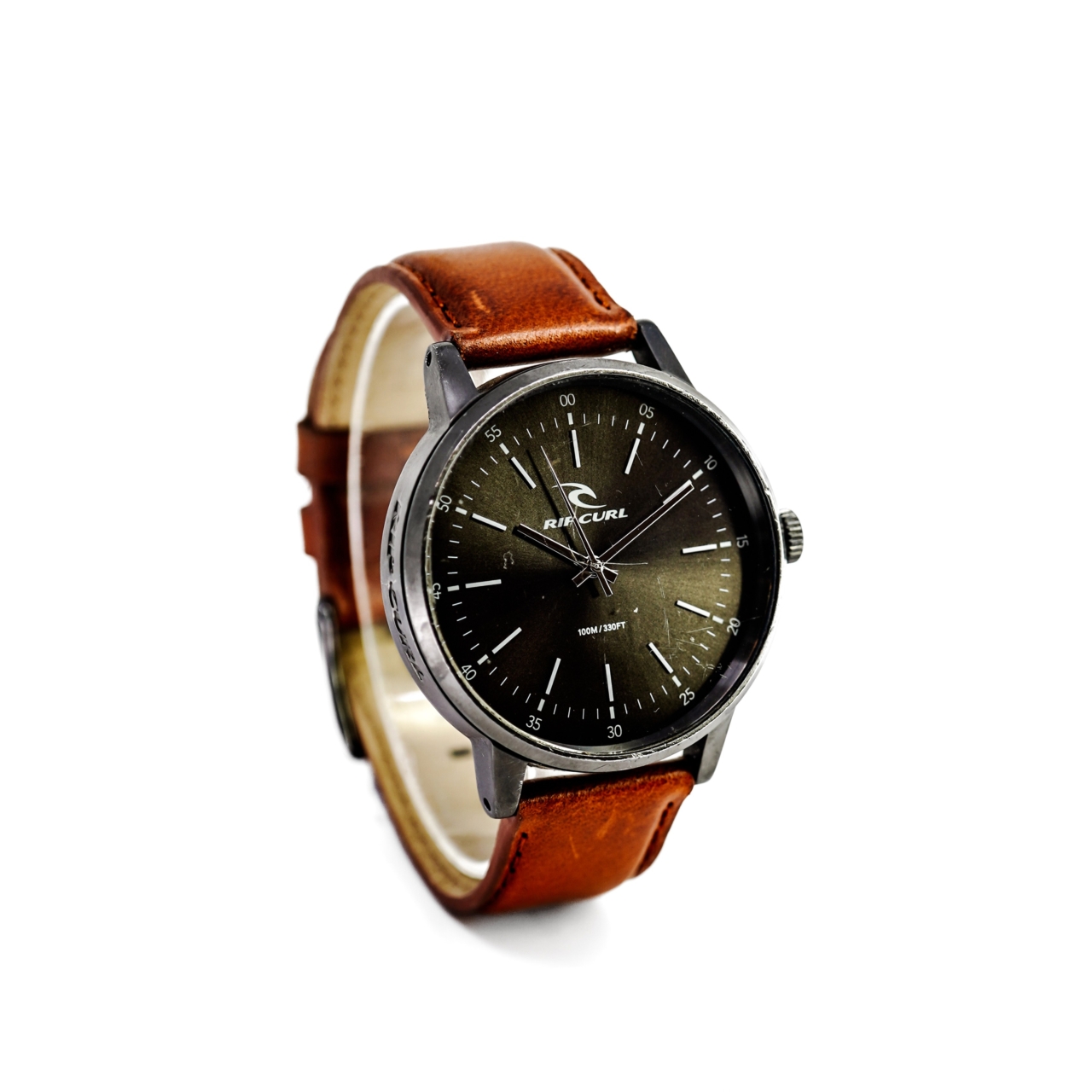 Rip Curl Drake A2799 Quartz Watch 42mm Black Dial Tan Leather