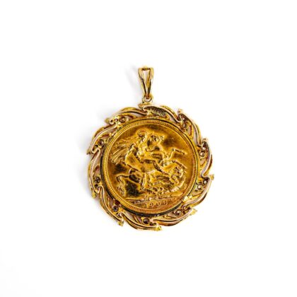 Monty's 14ct Yellow Gold and Diamond Frame with 1902 22ct Full Sovereign Coin Pendant #69807