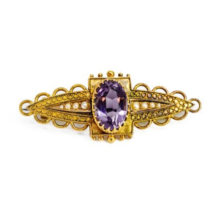 18ct Yellow Gold Amethyst and seed pearl Brooch #69409