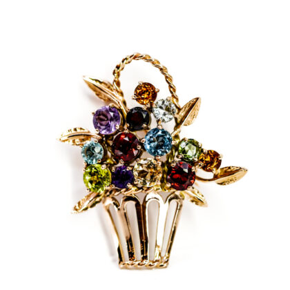 Vintage 10ct Rose Gold Multi-Gemstone Flower Basket Brooch #69406