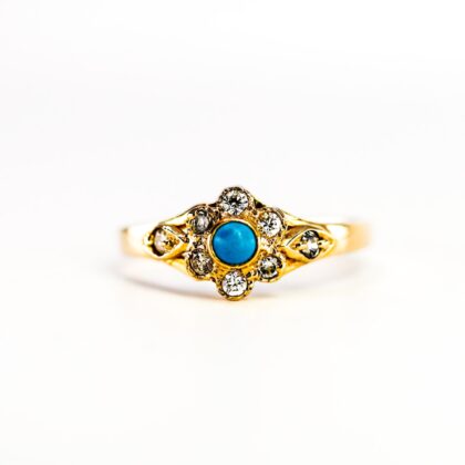 Vintage 14ct Yellow Gold Turquoise & CZ Halo Ring 1.8g Size O #67518