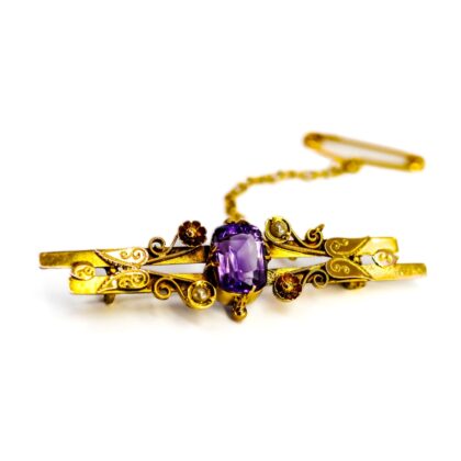 Vintage 9ct Yellow Gold Amethyst and Seed Pearl Brooch #69704