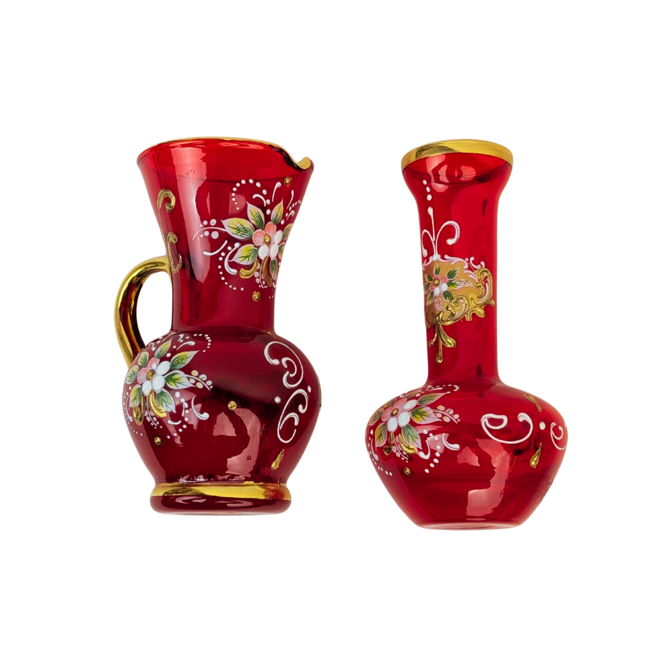 Vintage Venetian Ruby Red Glass Hand-Painted Jug & Vase Set | Made in Italy | c. 12cm #70304 Vintage Venetian Ruby Red Glass Hand-Painted Jug & Vase Set | Made in Italy | c. 12cm #70304