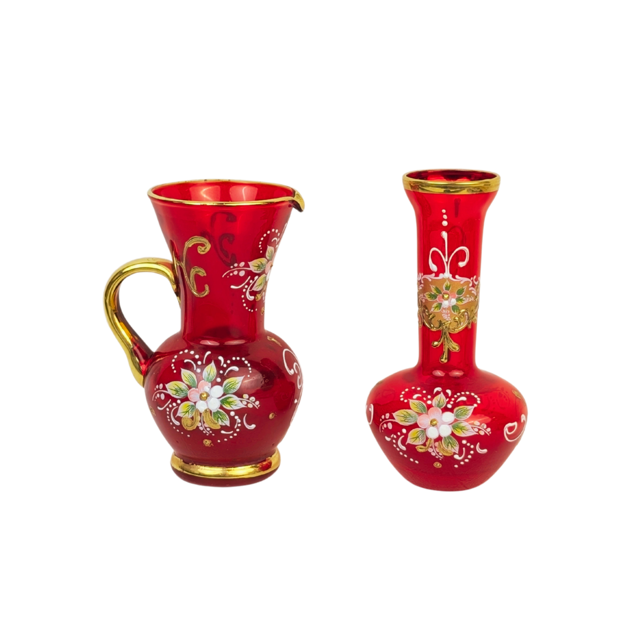 Vintage Venetian Ruby Red Glass Hand-Painted Jug & Vase Set | Made in Italy | c. 12cm #70304 Vintage Venetian Ruby Red Glass Hand-Painted Jug & Vase Set | Made in Italy | c. 12cm #70304 - Image 3
