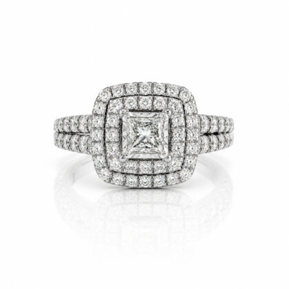 14ct White Gold Princess Cut Diamond Double Halo Engagement Ring | Size M | 11mm | Hallmarked 14ct | 4.4g #70375