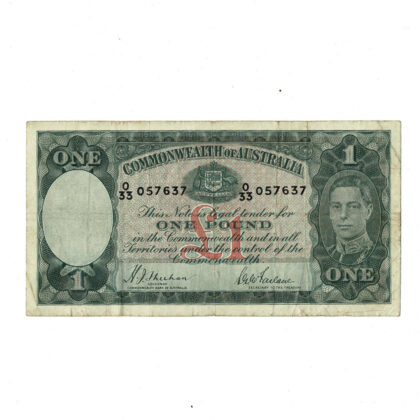 Australia one pound banknote 1938 King George VI Sheehan/McFarlane R29 pre-decimal currency #69833
