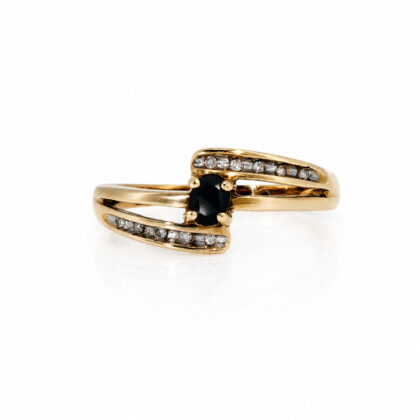 9ct Yellow Gold Sapphire & Diamond Bypass Ring | Size O | 8.3mm | Hallmarked 375 | 1.8g #70024