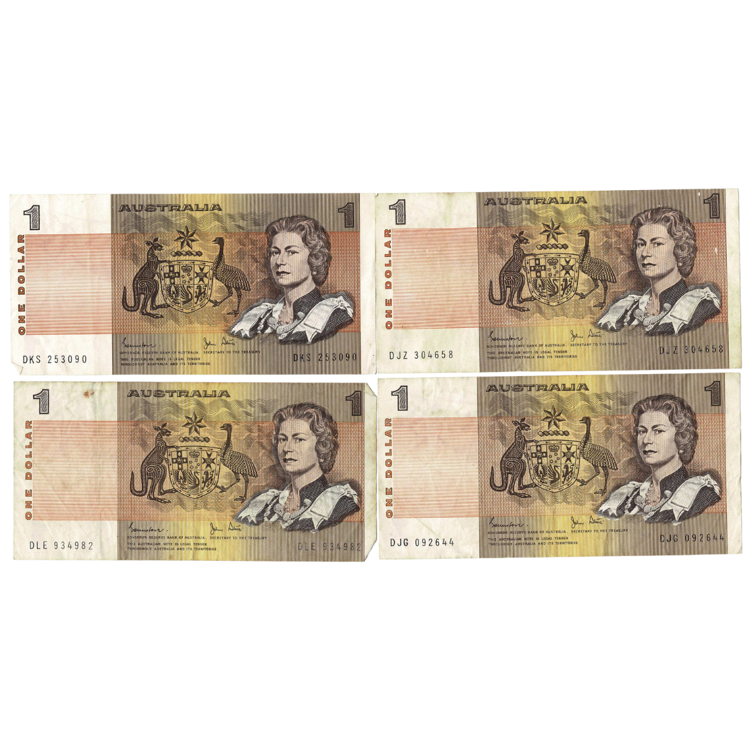 Australian $1 Banknotes x4 | Johnston/Stone Signatures | Early 1980s | Circulated #69833-4 Australian $1 Banknotes x4 | Johnston/Stone Signatures | Early 1980s | Circulated #69833-4