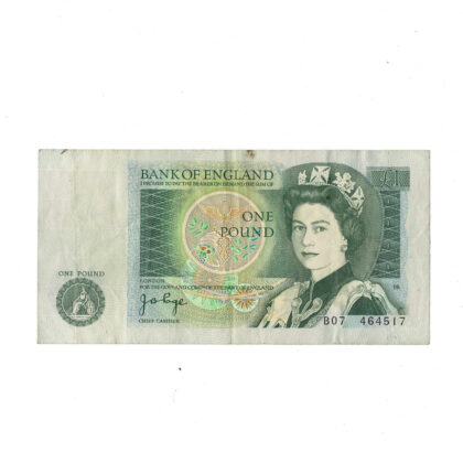 Bank of England one pound banknote 1970s Queen Elizabeth II J.B. Page chief cashier circulated #69833-2
