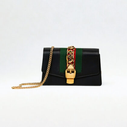 Gucci Sylvie Super Mini Chain Shoulder Bag | Black Leather | Web Stripe | S/N: 494646 | 15 x 10 x 4cm #70405