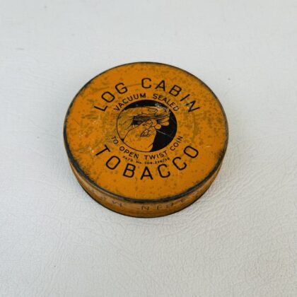 Log Cabin Tobacco Vintage Round Tin | Vacuum Sealed Coin-Twist Patent | 8cm Diameter | Lid Missing #70423-13