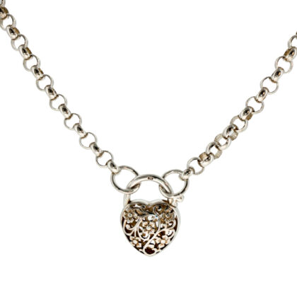 Sterling Silver Belcher Chain Filigree Heart Padlock Necklace | 45cm | 4.6mm | Hallmarked 925 | 19.7g #70158