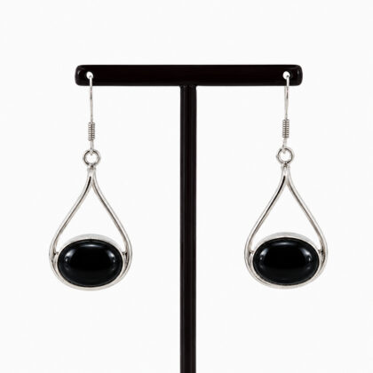 Sterling Silver Black Onyx Oval Cabochon Drop Earrings | Hallmarked 925 #70606