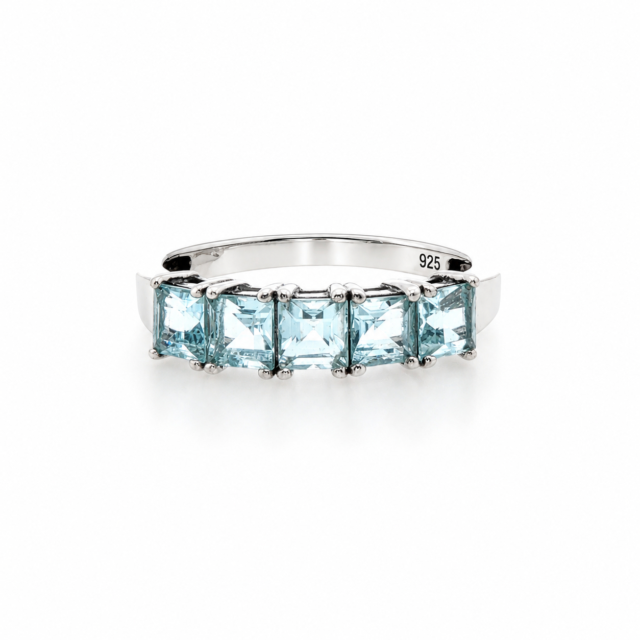 Sterling Silver Blue Square-Cut Stone Five-Stone Ring | Size P | Hallmarked 925 | 2.8g #70324 Sterling Silver Blue Square-Cut Stone Five-Stone Ring | Size P | Hallmarked 925 | 2.8g #70324