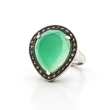 Sterling Silver Chrysoprase & Marcasite Ring | Size R Green Pearl Cut Cocktail #70297