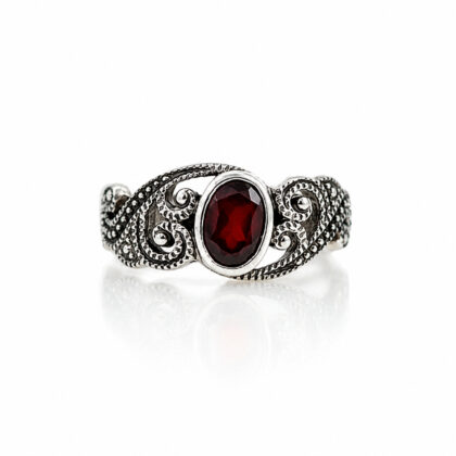 Sterling Silver Garnet Ring | Oxidised Scrollwork Band | Size L | 9mm | Hallmarked 925 | 4.3g #70299