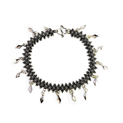 Sterling Silver Indian Floral Bracelet | Oxidised | Diamond Drop Fringe | 17.5cm | Hallmarked 925 | 13.9g #70301