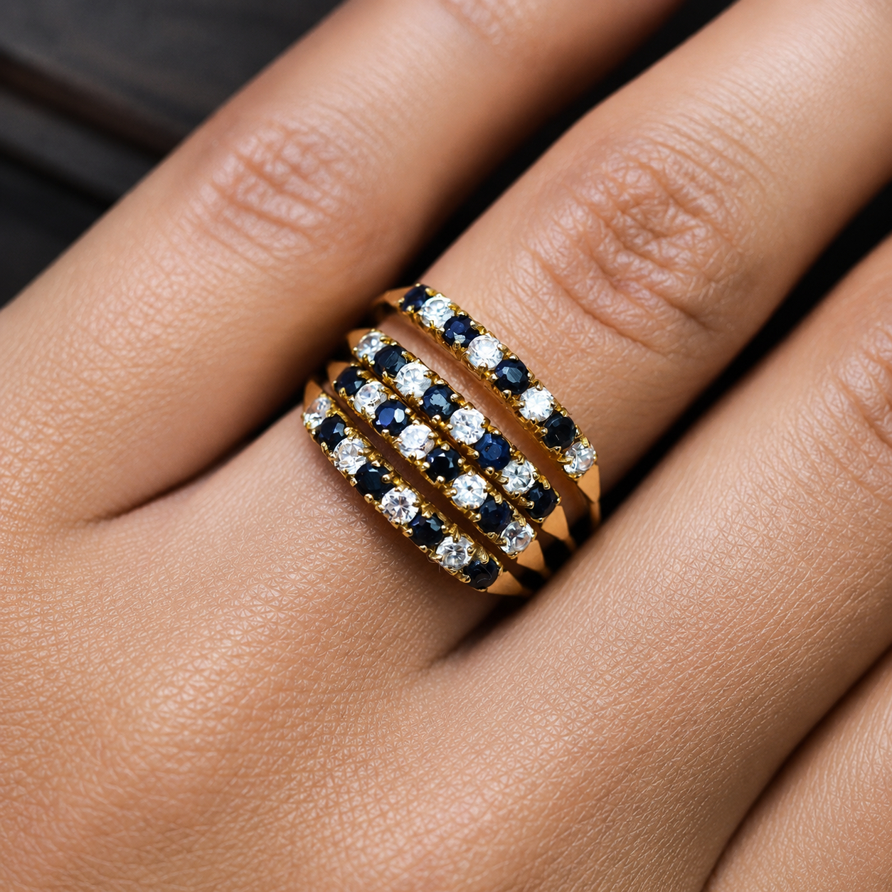 Vintage 18ct Yellow Gold Sapphire & CZ Multi-Row Ring | Size R | 4.3g | Hallmarked 750 #70241 - Image 2