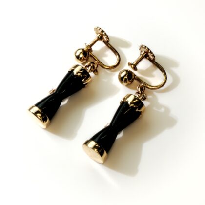Monty's Vintage 9ct Yellow Gold Black Coral Kundu Drum Drop Earrings #70155