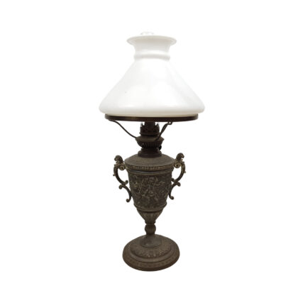 Antique Cherub Oil Lamp | Ornate Metal Base | Milk Glass Shade #46639